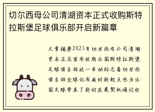 切尔西母公司清湖资本正式收购斯特拉斯堡足球俱乐部开启新篇章